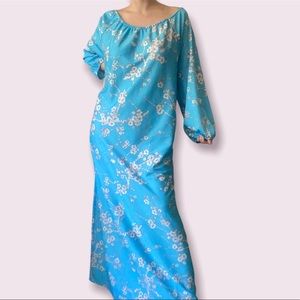 Vintage 70s Cherry Blossom Print Caftan Maxi Dress
